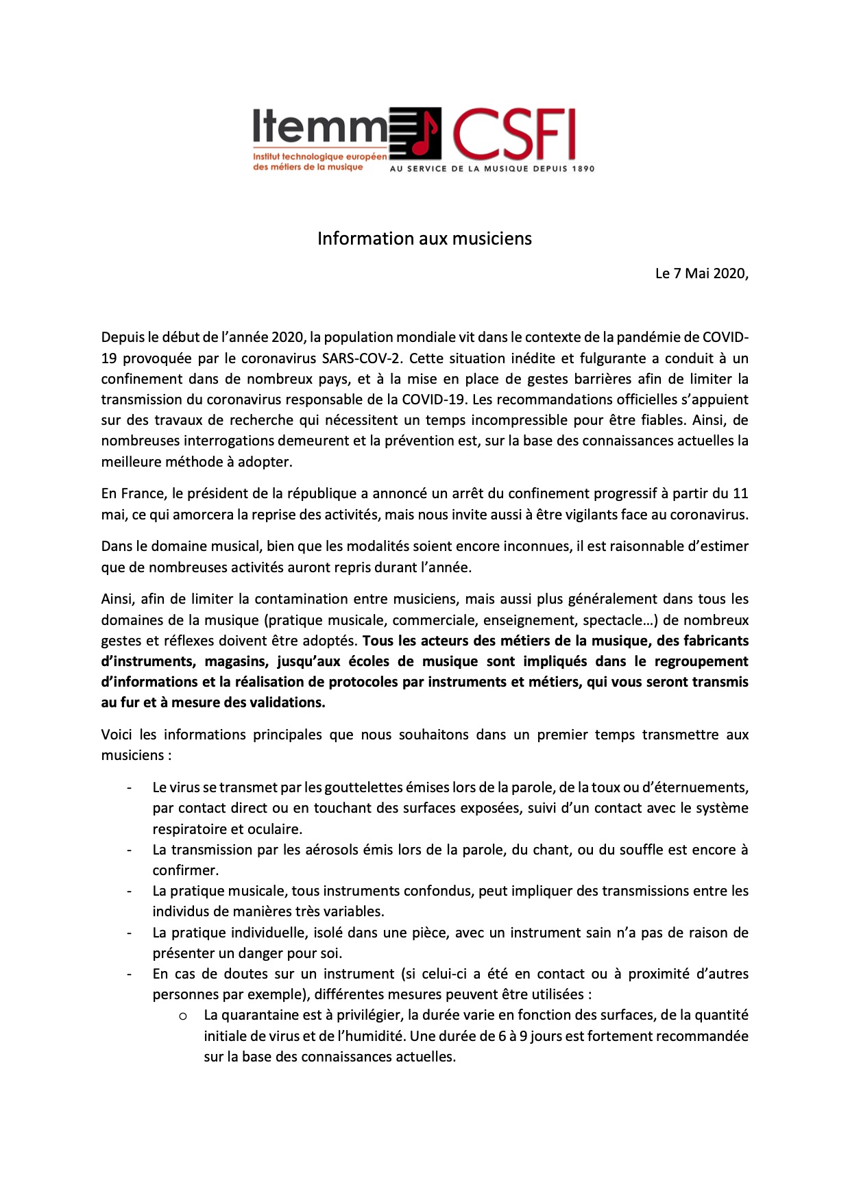 Lettre ITEMM/CSFI page 1